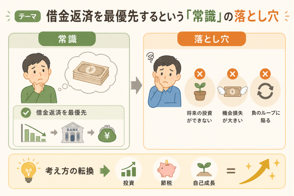 借金の金利別に返済優先か投資並行かを示す3段比較図
